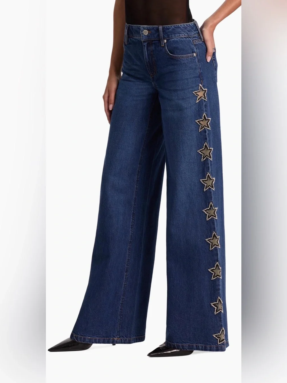 Alice + Olivia Dark Amazing Embellished Mid-Rise Baggy Jeans - Picture 2 of 7
